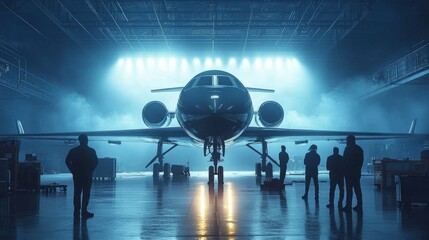 A striking aircraft gleams in a vast hangar, illuminated by blue light as silhouettes admire its beauty