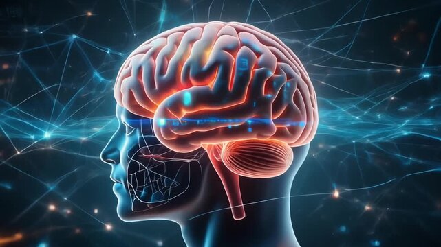 Medical infographic animation showing human brain structure and neural network glowing with data lines futuristic health AI visualization