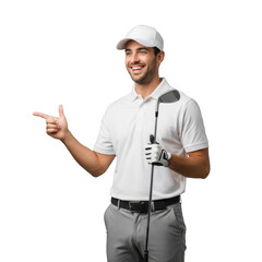 Smiling male golfer wearing a white polo shirt and cap holding a golf club pointing to the side isolated on transparent background