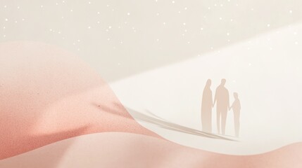 Family holding hands walking on dunes under a starry sky. Ideal for family and travel