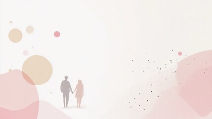 Silhouetted couple holding hands walk on light background, with floating dots, great for romantic design