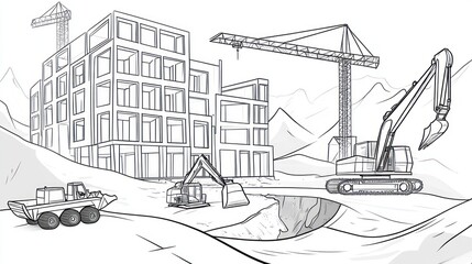 Construction site sketch with cranes and machinery building an urban structure in a hilly area