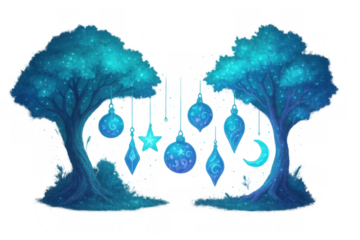 Fantasy trees with sparkling blue foliage and hanging magical celestial ornaments, crescent moon and star