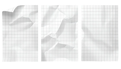 Three wrinkled graph paper sheets, slightly crumpled