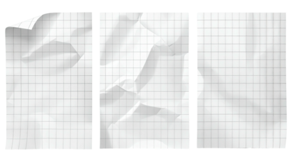 Three wrinkled graph paper sheets, slightly crumpled