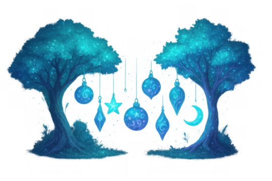 Fantasy trees with sparkling blue foliage and hanging magical celestial ornaments, crescent moon and star
