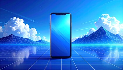 Phone with glowing blue screen stands on a grid with mountains and clouds in the background. Digital, cool aesthetic