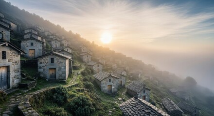 Ancient Stone Houses Clinging to a Misty Mountainside at Sunrise.