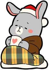 Cute Rabbit Holding Hot Cocoa with Santa Hat