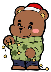 Cute Christmas Bear Holding String Lights