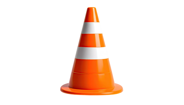 Striped orange traffic cone standing alone