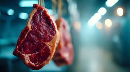 Fresh raw beef steak hanging on meat hook in butcher shop with blurred background, showcasing premium quality red meat for cooking.