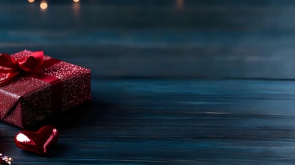 Elegant red gift box with satin ribbon on dark blue wooden background with small heart decoration, perfect for Valentine's Day or anniversary celebration.