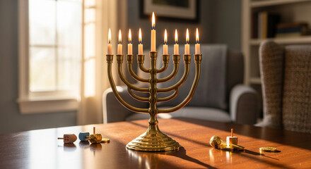 A beautifully lit golden Hanukkah menorah with all candles burning brightly on a wooden table, accompanied by dreidels and chocolate coins, creating a warm and festive atmosphere for the celebration