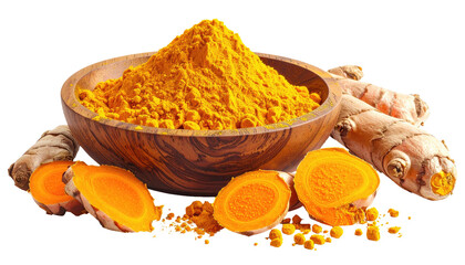 Turmeric root, powder, slices in bowl. Still life arrangement