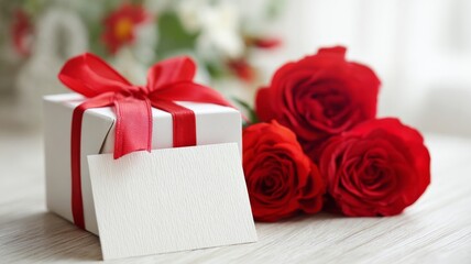 Valentine&rsquo;s day romantic greeting card with elegant red rose bouquet and gift box wrapped with ribbon on soft pink background, love celebration composition perfect for wedding, anniversary, or romanti