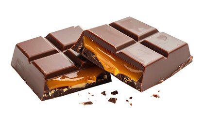 Chocolate bar broken, revealing oozing caramel filling