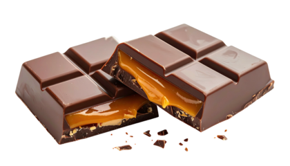 Chocolate bar broken, revealing oozing caramel filling