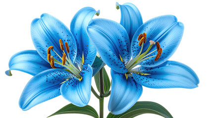 Two cyan lilies bloom, stamens poised against transparent background