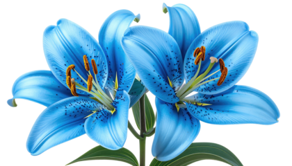 Two cyan lilies bloom, stamens poised against transparent background