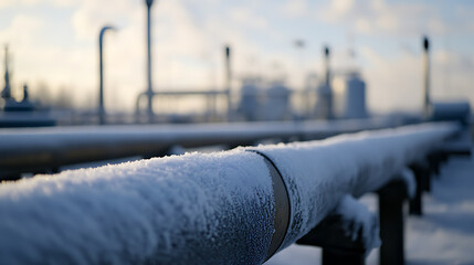 Icy pipes stretch across the landscape, a frosty network connecting distant points. Winter's grip turns infrastructure into a stark, beautiful display of cold's touch.