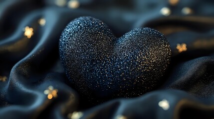 Glittering black heart on dark satin fabric with golden sparkles, creating romantic luxury atmosphere for Valentine's Day designs.