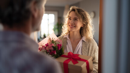 Happy woman smiling as she receives a surprise gift and bouquet of flowers from her husband (or partner) at the door, symbolizing love for Valentine's Day or an anniversary.