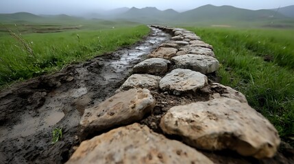 Ancient stone pathway winding through misty green meadows with mountains in background, creating atmospheric landscape for travel and nature photography.
