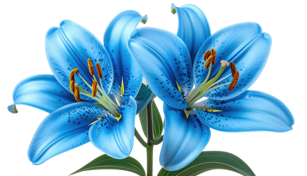 Two cyan lilies bloom, stamens poised against transparent background