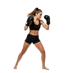 Athletic woman in boxing stance wearing black gloves and sports attire isolated on transparent background