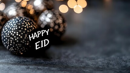 Elegant black and gold Eid decoration with festive greeting on ornamental ball against dark background. Perfect for holiday celebration designs.