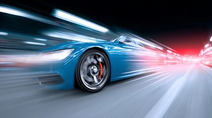 Blue sports car speeding down a blurred urban street at night, showcasing dynamic motion with streaks of light and vibrant colors, emphasizing the thrill of high-speed driving experience