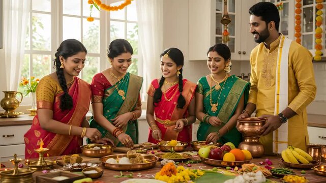 Five indian women and a man preparing a festive meal for a traditional celebration in a kitchen, footage.