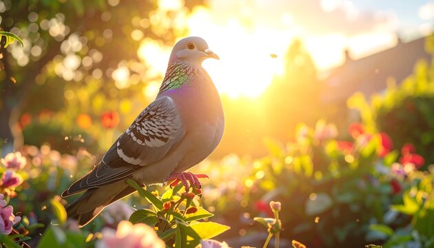 Pigeon perched atop leafy plant, vibrant sunlight shines through garden blooms. Bright, cheerful, nature image