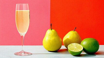 Sparkling beverage in elegant glass beside fresh pears and limes, set against vibrant pink and red backgrounds, creating a lively and refreshing atmosphere for culinary inspiration