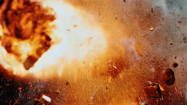 Intense Fireball Explosion with Flying Debris and Fiery Shrapnel Against a Dark Background