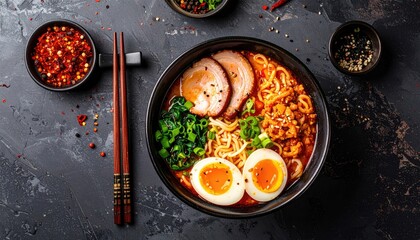 Japanese Ramen Noodles Soup Dish With Sliced Pork Egg And Green Vegetables In A Bowl With Chopsticks And Spices On A Dark Textured Surface Overhead View