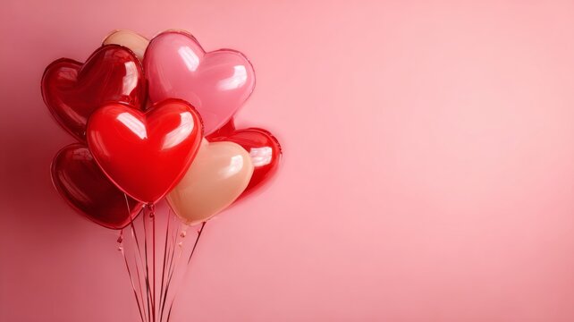 Romantic valentine’s day background with red and pink heart balloons floating on soft pastel backdrop, festive love decoration design with copy space perfect for greeting card, romantic celebration, w