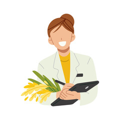 Female agricultural scientist with lab coat holding rice plants while taking research notes. Flat character illustration isolated on white background