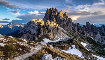 Jagged Mountain Peaks Bathed in Golden Hour Sunlight With Dramatic Clouds and Snow Patches on Rocky Terrain