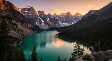 Stunning vista of turquoise lake nestled amidst majestic snow-capped mountains and verdant forest
