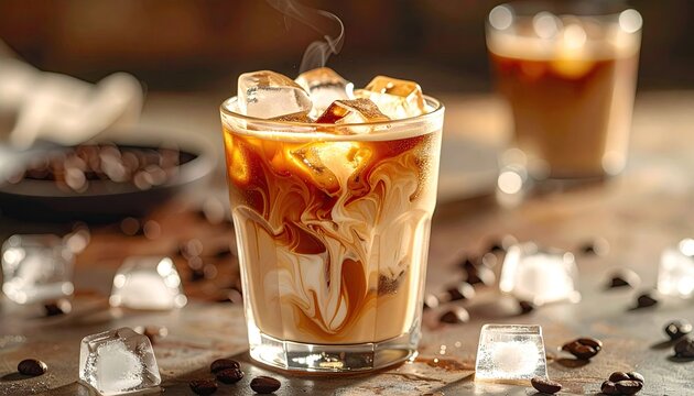Close up of a refreshing iced coffee with creamy milk swirls and ice cubes in a clear glass with scattered coffee beans on a rustic surface and soft bokeh background lighting - Powered by Adobe