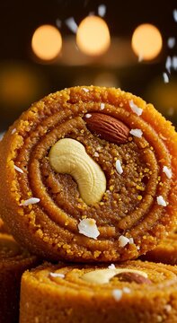 Indian dessert peda with cashew and almond in sweet pastry on dark background with bokeh lights, traditional food footage