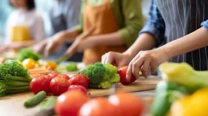 Students are engaged in a lively kitchen workshop, diligently preparing various fresh vegetables. The atmosphere is filled with excitement as they sharpen their cooking skills