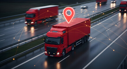 A red truck with a GPS location pin, driving on a highway, symbolizing logistics, fleet tracking, and transportation technology.