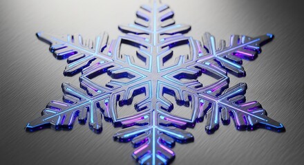 Intricate iridescent snowflake ornament with delicate crystalline structure and shimmering purple and blue hues