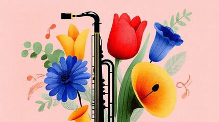 Colorful floral arrangement featuring a saxophone surrounded by vibrant flowers, including tulips and daisies, set against a soft pink background, creating a lively and artistic atmosphere