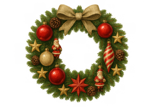 Christmas wreath with santa claus ornaments, pinecones and burlap bow, festive winter holiday decoration, transparent background