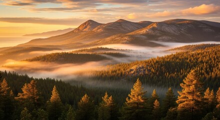 Majestic mountainous landscape enveloped by a soft, ethereal mist at sunrise