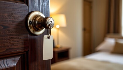 Obraz premium Close-up of a door knob with a blank key tag hanging in a warmly lit room.